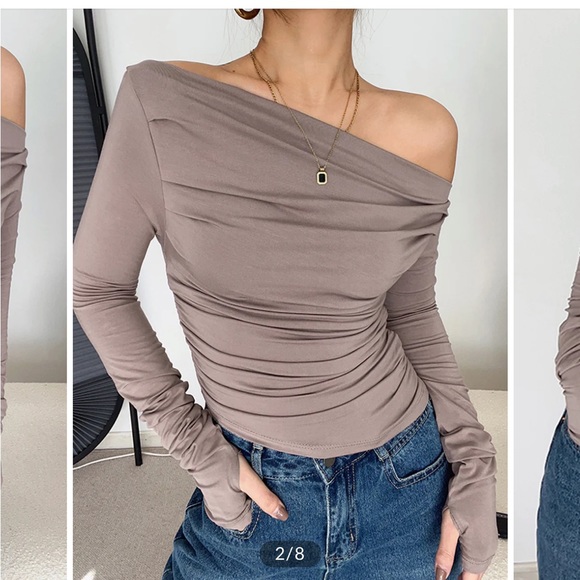 Asymmetrical Shoulder Mesh Off Shoulder Long Sleeve Tee main image 1